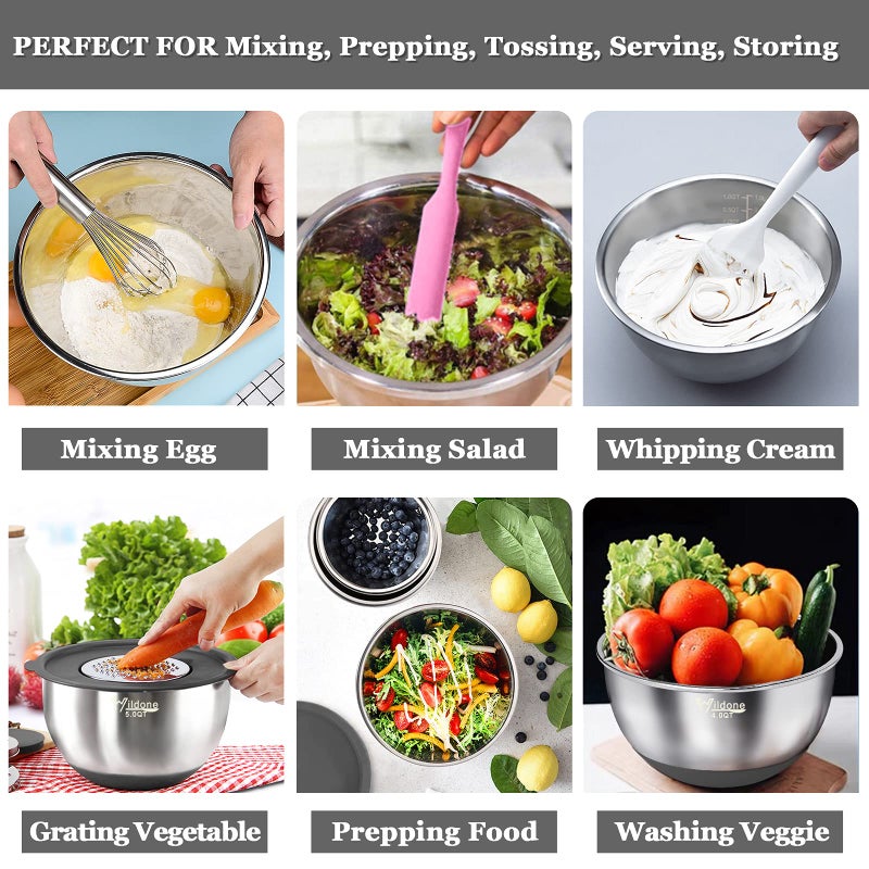 Wildone Mixing Bowls with Airtight Lids, 22 PCS Stainless Steel Mixing Bowls Set, 3 Grater Attachments, Measurement Marks & Non-Slip Bottom, Size 5, 4, 3, 2,1.5, 0.63QT, Ideal for Mixing & Prepping - Image 4